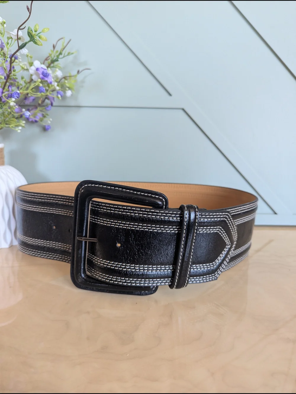 Worth Black Leather Belt with White Contrast Stitching